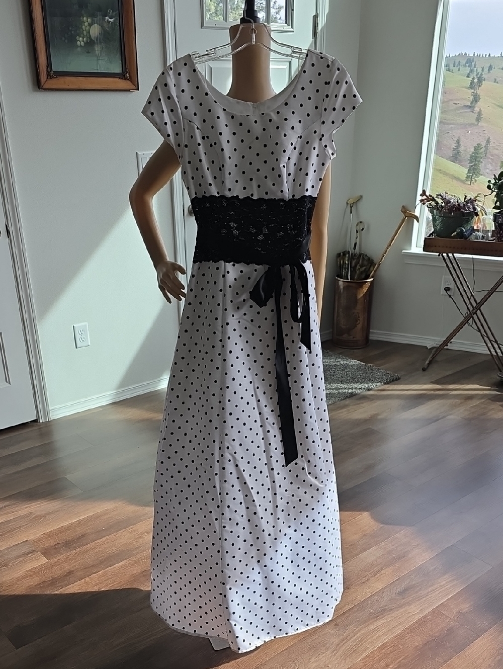 Mariposa White Polka Dot Maxi Gown with Black Lace Sash